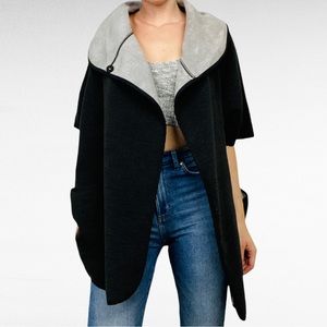 WD.NY | Black Shawl Wrap Oversized Open Front Short Batwing Sleeve Cape Coat